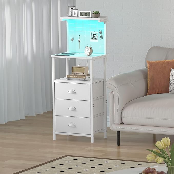 Bedside Tall Nightstands with Charging Station, LED Bedside Table for Bedroom - 3 PU Fabric Drawers, Hooks, USB/Type-C Ports & Open Bedside Storage Shelves, White