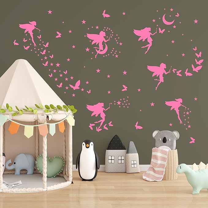 Glow in The Dark Fairy Wall Decals, Luminous Fairies Stars Wall Stickers for Ceiling, Peel and Stick Butterfly Decoration for Kids Room, Pink
