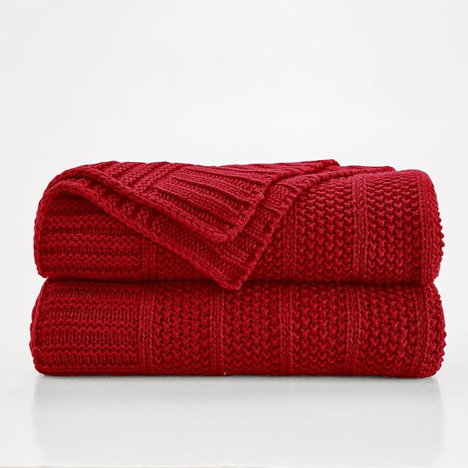 Douceur Christmas Red Throw Blanket for Bed, Soft Cozy Lightweight Stripe Pattern Knitted Throw Blanket for Sofa, Living Room Gift, 60"X80"