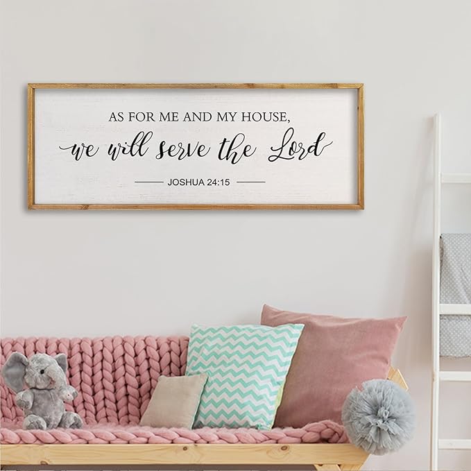 comurdyo Christian Wall Art As For Me And My House We Will Serve The Lord Joshua 24:15 Bible Verse Sign 32×12 Inch Scripture Plaque for Bedroom Above Bed Large Wood Framed Wall Decor (Wood)