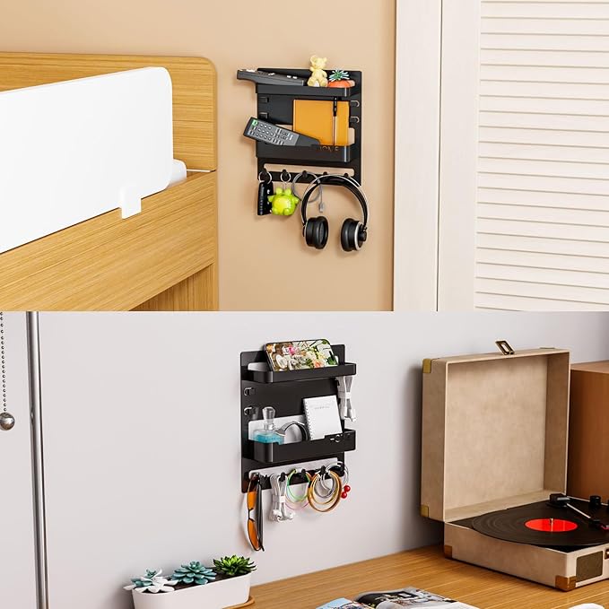 Ejoyous Bedside Shelf Wall Mount, Adhesive Phone Holder Organizer with Hooks and Cable Clips On Dorm Room, Wall Storage for Glasses Remote Earphone Cell Phone Charger Keys Snacks (Black)