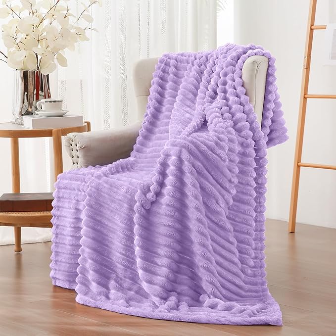 Vessia Flannel Fleece Throw Blanket for Couch,Sofa,Bed, 300GSM Striped Light Purple Throw Blanket for Adults and Kids, Super Soft Warm Cozy Lightweight Home Decor for All-Season(50x70inch)