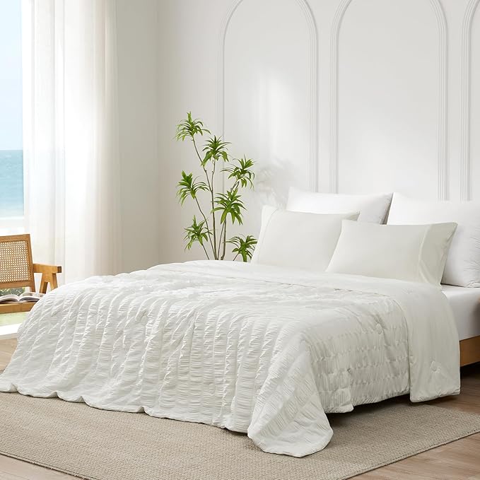 Cozy Bliss Vertical Striped Seersucker Cooling Comforter King Size, Lightweight Airflow Silky Cooling Bedding with Q-Max>0.45 for Bedroom, Home Decor, Hot Sleepers & Night Sweats, White 106"×90"