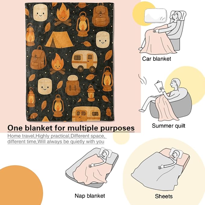 Camping Blanket Cute Cartoon Campfire Tent Marshmallow Lantern and Camper Pattern Throw Blankets Lightweight Flannel Throws for Couch Chair Office Bed Home Decor Gifts for Adults,80x60inch
