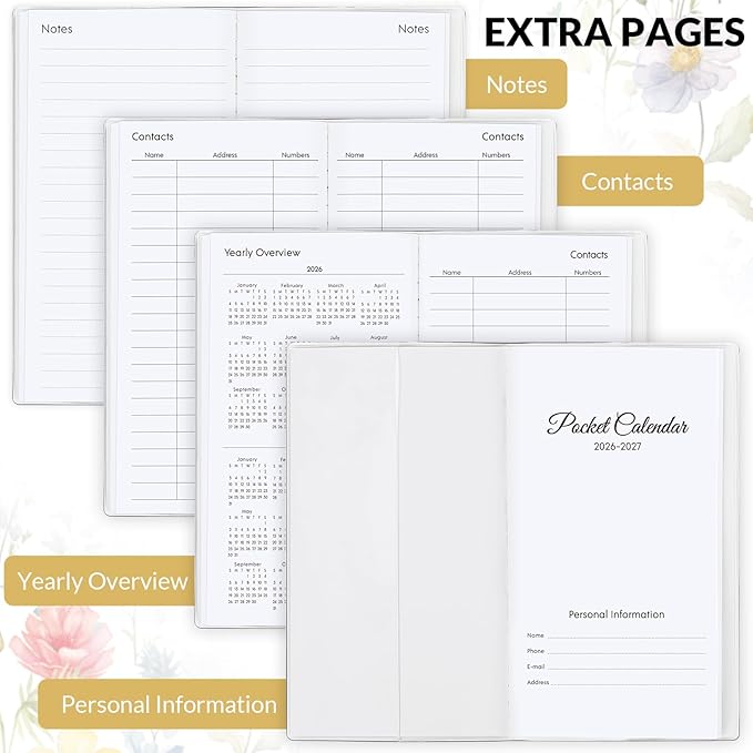 Pocket Calendar 2026-2027, Floral 2026-2027 Monthly Planner - 3.7" x 6.7" - Runs from January 2026 Until December 2027, 2026 Pocket Planner with PVC Cover for Student, Women, Office Supplies