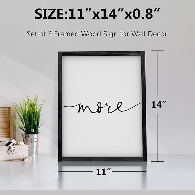 Heiple Love You More Sign Set of 3 Framed Above Bed Wall Decor Farmhouse Bedroom Decor Wood Art Rustic Master Bedroom Essentials Home Decoration (Black, 11”x14”)