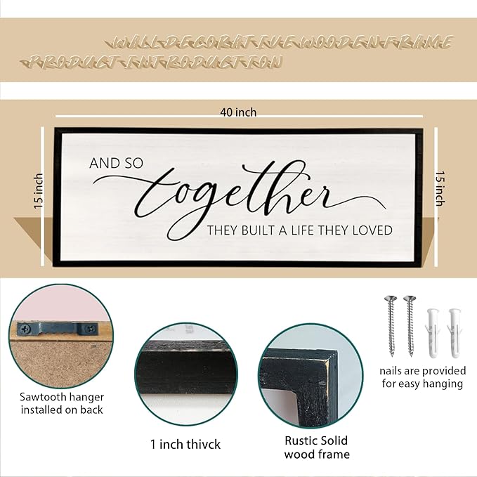 comurdyo And So Together They Built A Life They Loved Sign 40”X15” Master Bedroom Above Bed Wall Decor Large Framed Wood Farmhouse for Over Bed Bedside Wall Art for Love Sign Decor (Black)