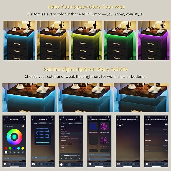 Night Stand with APP Control LED Lights, 3 Fabric Storage Drawers with PU Finish, Floating Top Design, Bedside Table with Open Shelf, End Table for Bedroom, Living Room, Office (Black)