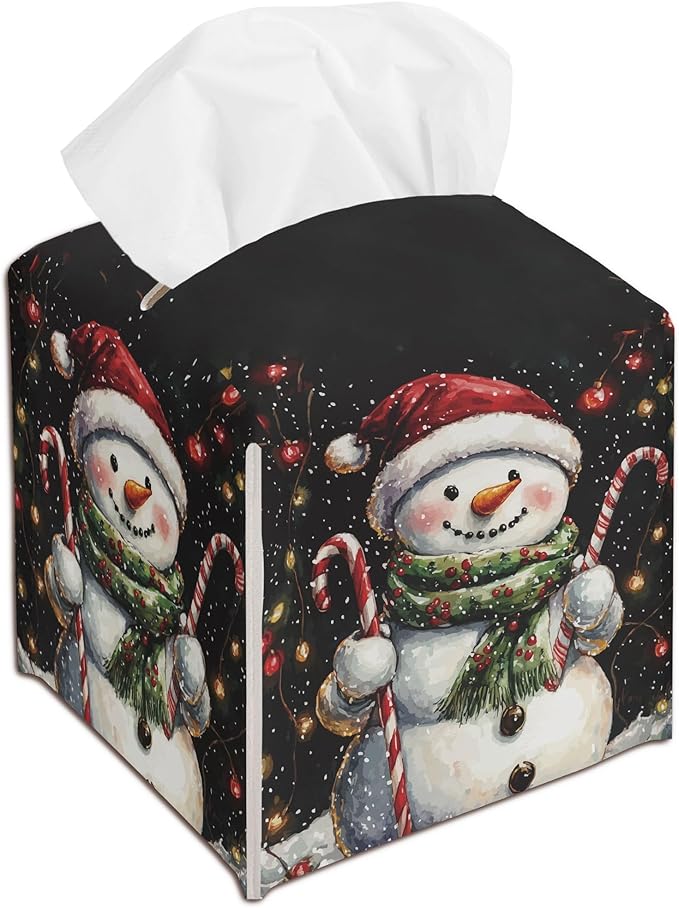 Christmas Snowman Tissue Box Cover Leather, Black Christmas Tissue Box Cover, Xmas Housewarming Gift Ideas for Family Friends, Bathroom Kitchen Car Office Home Table Decor(5.2 Inches)-B02