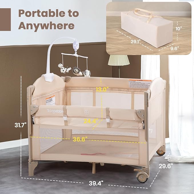 Baby Bassinets Bedside Sleeper, 4 in 1 Portable Bedside Crib w/Mattress, Diaper Changer, Storage Basket, Music Box, Carry Bag, Foldable Playard Sleeper for Newborn (Beige)