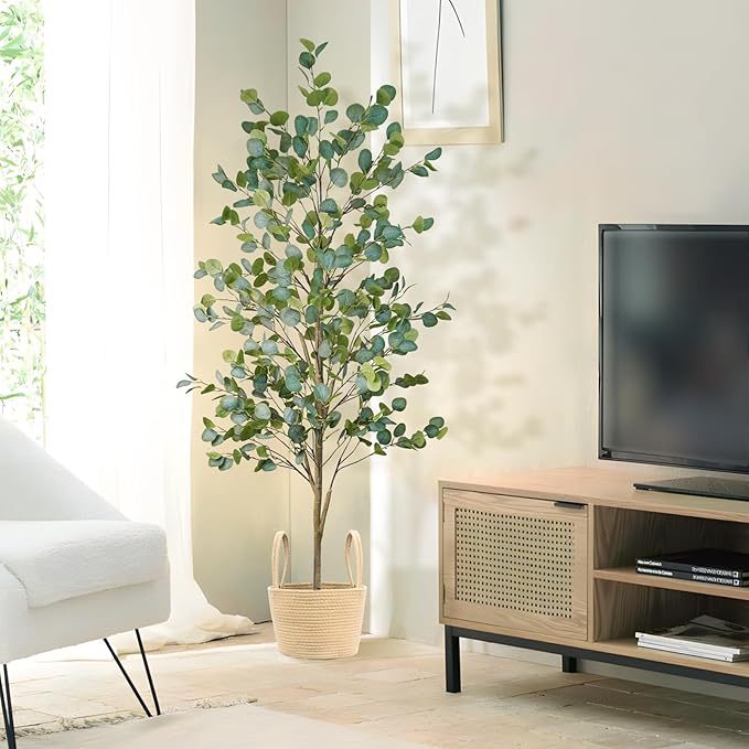 Faux Eucalyptus Tree 6FT, Artificial Potted Tree for Indoor Outdoor, Fake Floor Plants with Natural Wood Trunk, Home Office Living Room Bedroom Decor