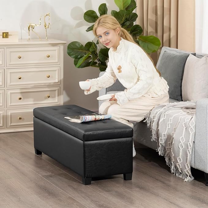 Homebeez 42" Faux Leather Storage Ottoman,End of Bed Bench,Upholstered Ottoman Bench with Storage for Living Room,Bedroom,Entryway