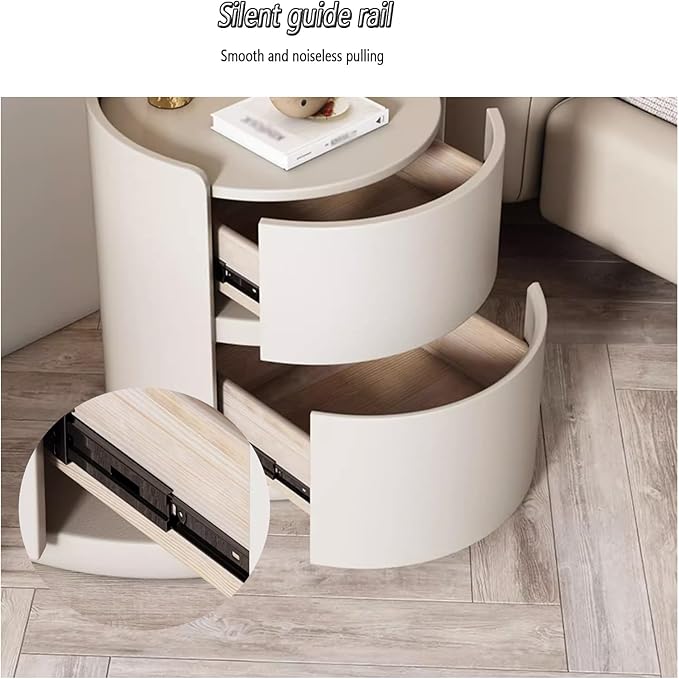 Wooden Nightstand Table with Drawer, Leather Bedside Storage for Bedroom and Living Room, Modern Round Design