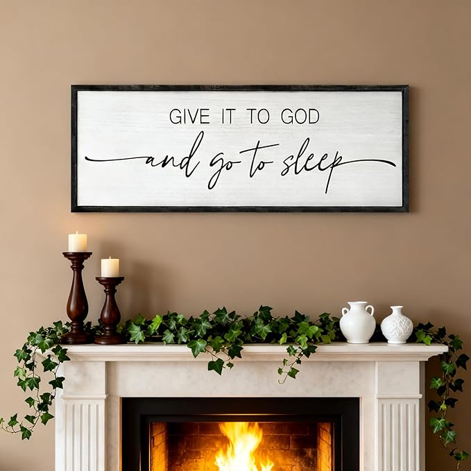 Give It to God and Go to Sleep Decorative Rustic Sign & Plaque Framed Wall Art for Couples, 40''×15'' Cottagecore Wooden Horizontal Wall Decor Above Bed, Vintage Farmhouse Wedding Gift for Bedroom