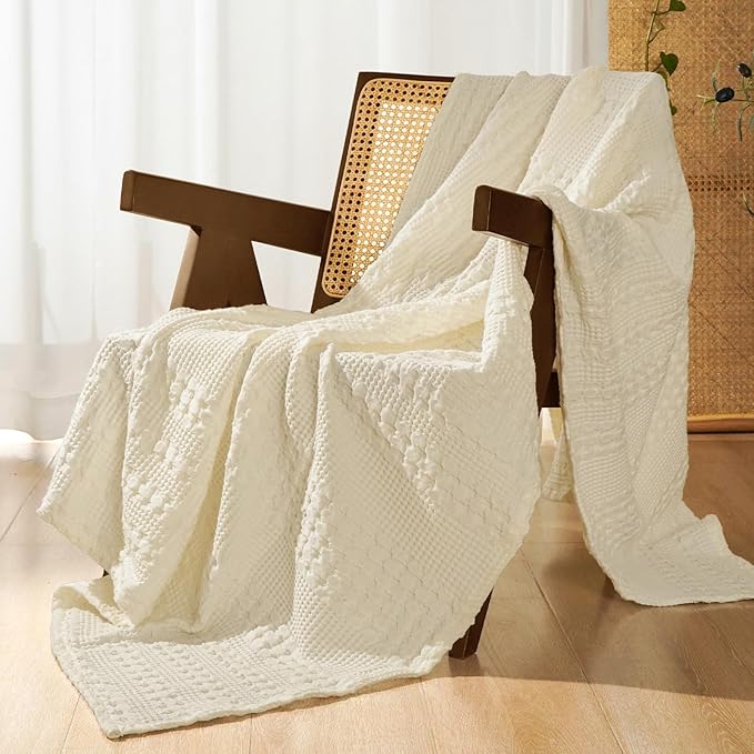 PHF 100% Cotton Waffle Weave Throw Blanket, Soft Lightweight Breathable Cozy Throws for Couch Bed Sofa, Luxury Aesthetic Blanket Gift for Home Decor & Office, 50"x60", Cannoli Cream