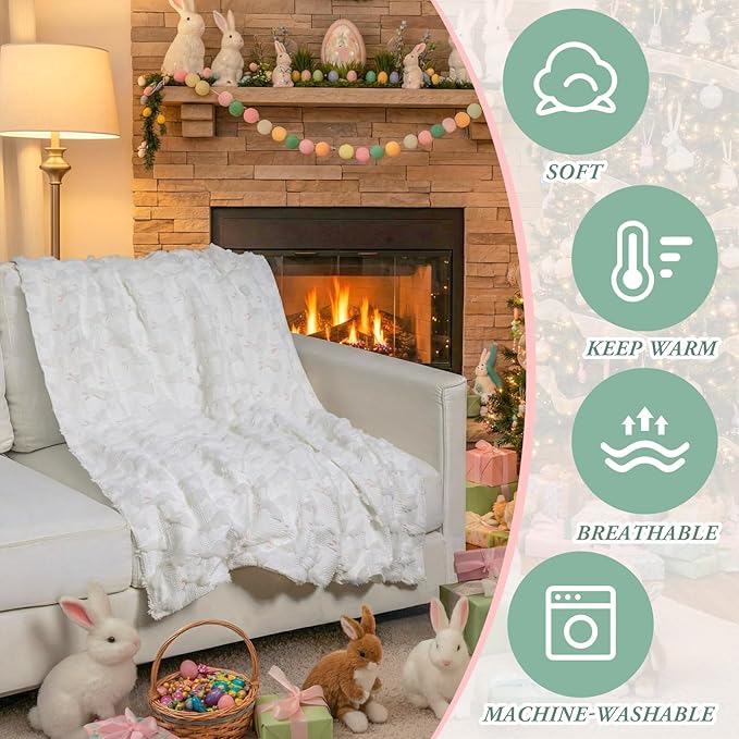 Easter Throw Blanket 50 x 60 Inch White Bunny Blanket Velvet Faux Rabbit Fur Soft Lightweight for Home Living Room Couch Sofa Bed Cabin Easter Spring Holiday Decor