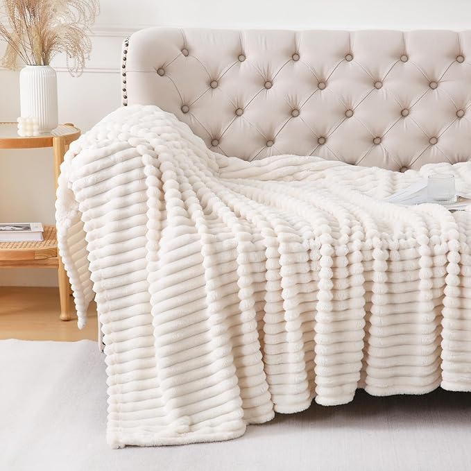 Cream White Throw Blanket for Couch Sofa 60x80 inches Striped Fleece Blankets Room Home Decor Lightweight Plush Soft Cozy Gifts for Women Mom Girls