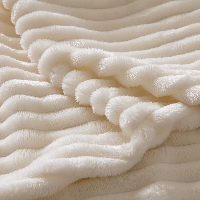 MIULEE Fleece Blanket Queen Size 90"x90" 300GSM Super Soft Lightweight Plush Striped Blanket, Cream White Warm Cozy Breathable Ribbed Full Size Throw for Bed/Sofa/Couch