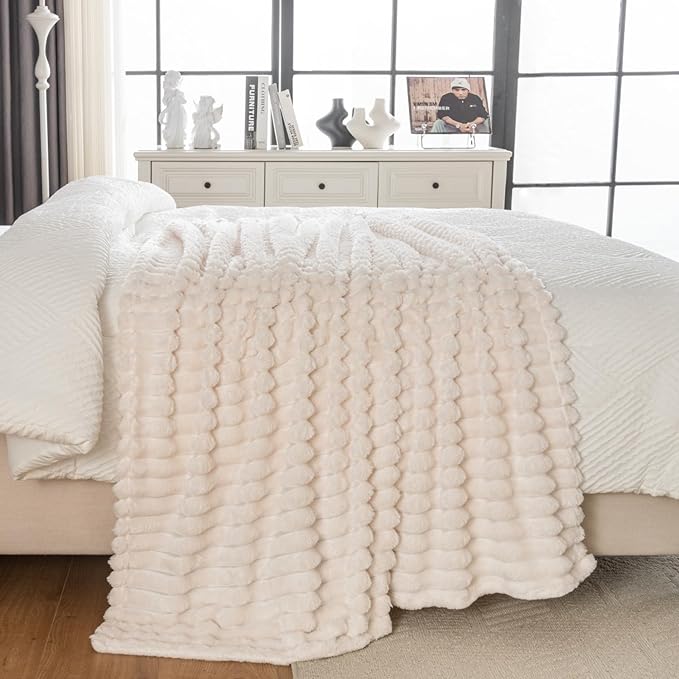 Wider Striped 380gsm Thick Beige Throw Blanket for Couch Super Soft Cozy Blankets for Women Fuzzy Fleece White Blanket for Bed Sofa 50x60