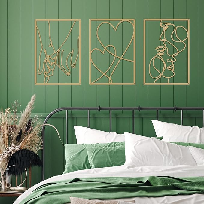 3 Pieces Metal Minimalist Line Wall Art, Valentine's Day Lover Kiss Hand Metal Wall Decor, Aesthetic Modern Home Hanging Wall Art Decor for Bedroom Bathroom Living Room (Gold)