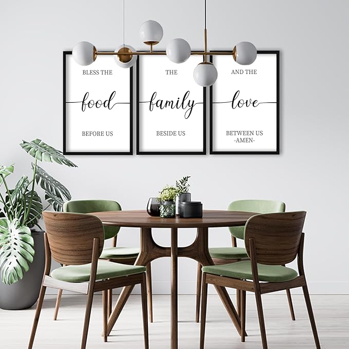 flowtorely Bless the Food Before Us Sign Wall Decor 16"×11" Set of 3 for Dining Room Kitchen Rustic Wood Framed Wall Hanging Art (Black)