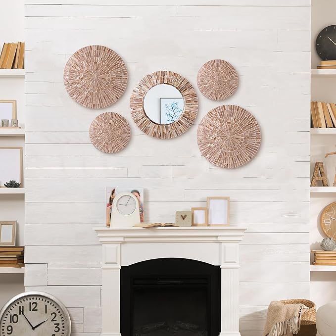Wesiti 5 Pcs Christmas Wall Art Decor Boho Mother of Pearl Mirror Wall Decor Handmade Bohemia Hanging Plates Art for Bedroom Bathroom Decoration