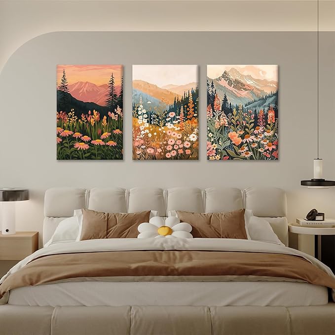 KBKBART Boho Mountain Framed Canvas Wall Art Set of 3, Colorful Landscape Wildflower Daisy Wall Decor, Bohemian Floral Forest Scenery Art Prints for Bedroom Living Room Office 12x16 Inch