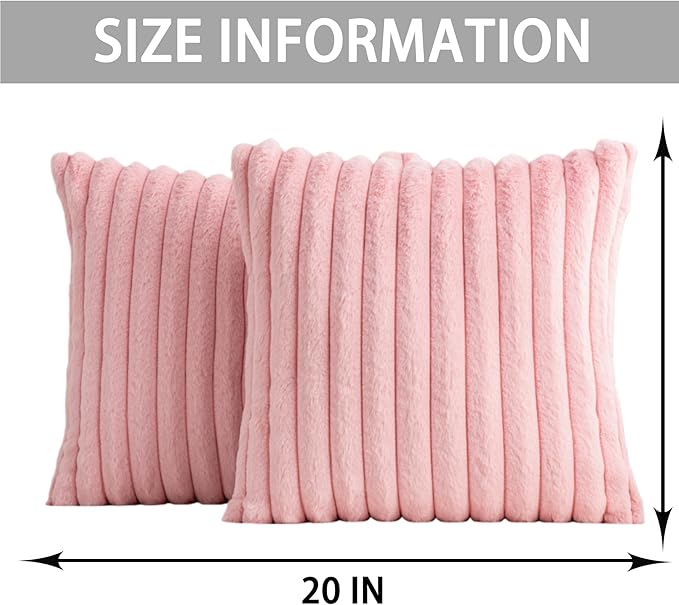 Aegero Pack of 2 Faux Fur Christmas Throw Pillow Covers 20x20 Inch, Soft Plush Striped Neutral Couch Pillow Cover, with Velvet Back Modern Home Decor for Sofa Living Room Couch Bed Pink