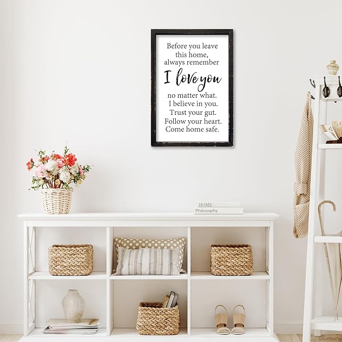 Before You Leave This Home Sign Wall Art Decor 16x24 Inch Rustic Farmhouse Living Room I Love You Inspirational Family Wood Framed Sign Entryway Motivationa And Romantic Wall Hang (Black)