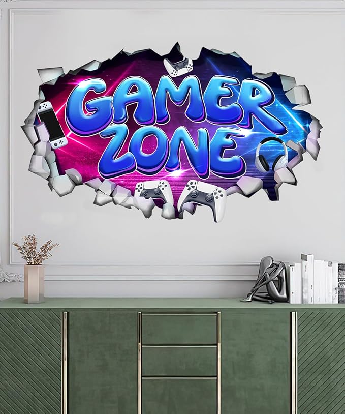 Large 3D Gamer Zone Wall Decals (20.7”x34.6”), Video Gaming Vinyl Wall Stickers for Game Lover, Removable Video Game Artwork for Boys Playroom Bedroom Decor