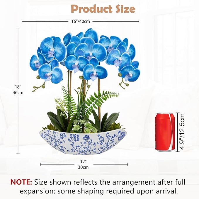Briful Blue Orchid Artificial Flowers 18in Fake Orchid Silk Flowers with Blue and White Ceramic Pot Faux Orchid Arrangement for Home Office Room Dining Table Centerpiece Modern Decor