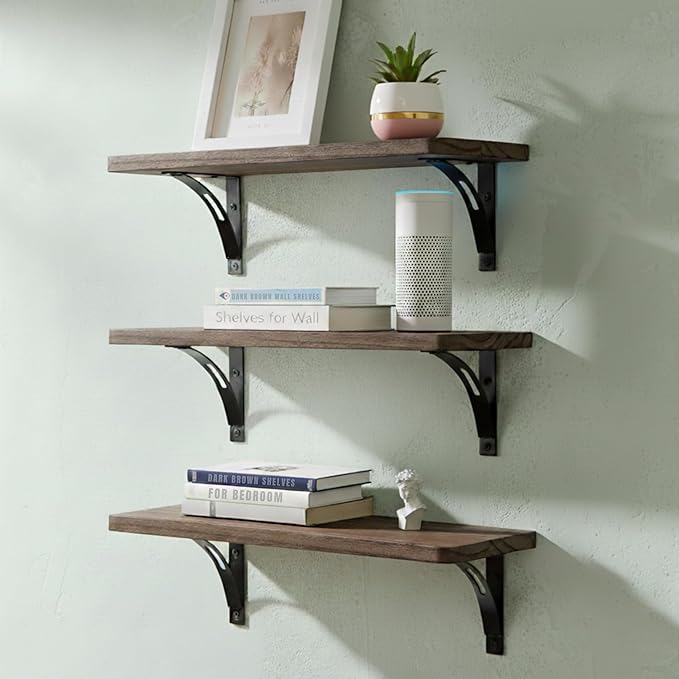 Willowy Reinforced Steel Bracket Dark Brown Wall Shelves - Easy to Install, Template and Video Included - Dark Wood Shelves for Wall, Wooden Shelf for Wall, Laundry Room Decor