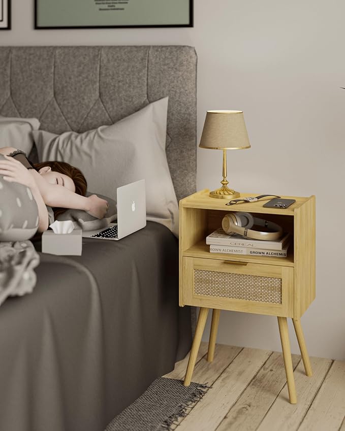 Nightstand,Modern Bedside Table with Storage Drawer and Open Wood Shelf, Accent Night Stand with Solid Wood Legs for Living Room, Bedroom and Small Spaces,Easy Assembly (Oak-Rattan)