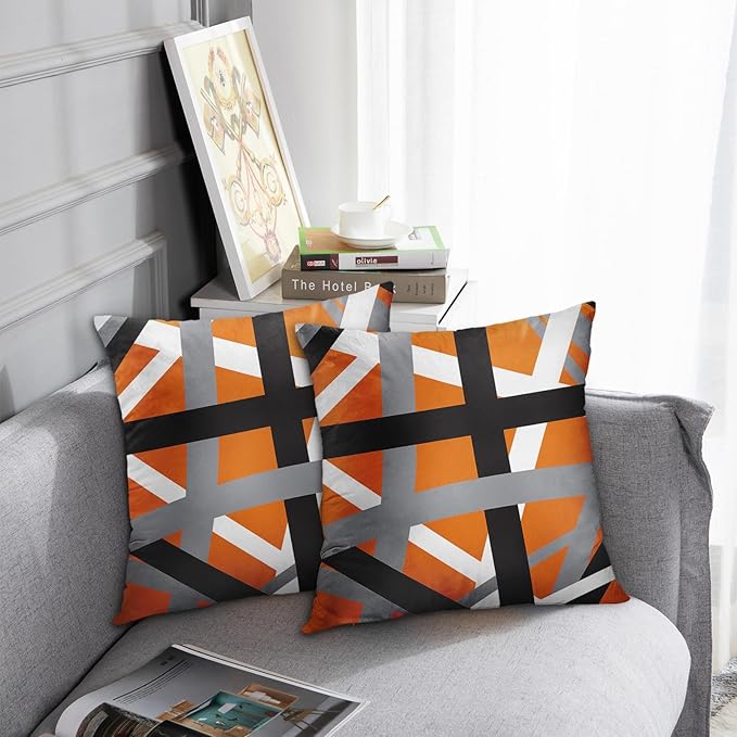 Emvency Set of 2 Throw Pillow Cover Orange Black Stripes Grey White Design Retro Decorative Pillow Case Striped Home Decor Square 18x18 Inch Cushion Pillowcase