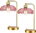 Pink Table Lamp Set of 2,Small Gold Bedside Lamps Dimmable Boho Bedroom Lamp with Tulip Flower Glass Lamp Shade,Vintage Mid Century Modern Mini Nightstand Lamp for Bedroom Living Room