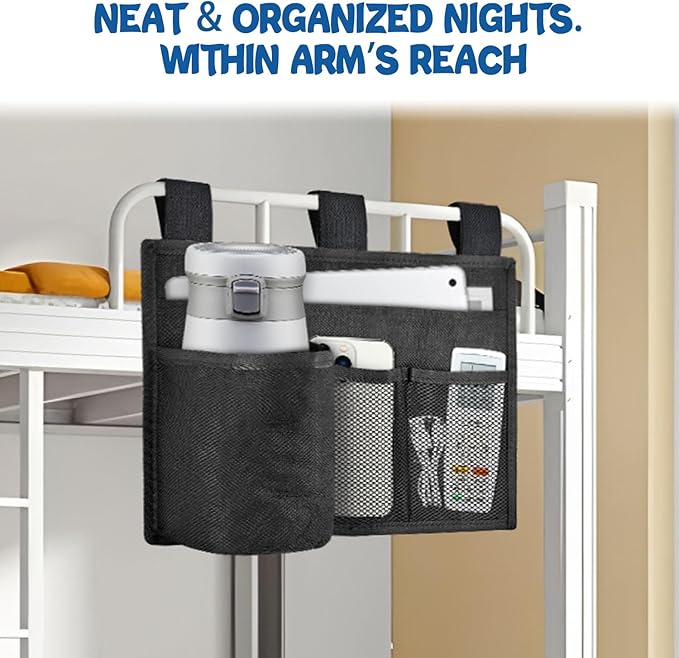 Hanging Bedside Caddy, 4 Pockets Bunk Bed Caddy, Bed Pocket for University Dormitories, Hospitals, Chairs, Crib Guardrails for Mobile Phone, Tablet Computer, Remote Control, Water Cup