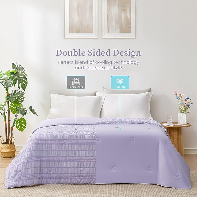 Cozy Bliss Seersucker Cooling Comforter King Size, Q-Max 0.45 Reversible Lightweight Cooling Blanket, Breathable Silk Smooth Summer Bedding Quilt for Hot Sleepers Night Sweats Purple