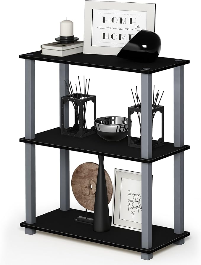 Furinno TURN-S-TUBE Storage Shelves Set of 2, 3-Tier Book Shelf, Corner Shelf, Toolless Open Shelves, Square Tubes, for Organization and Storage, Living Room, Garage, Home Office, Black