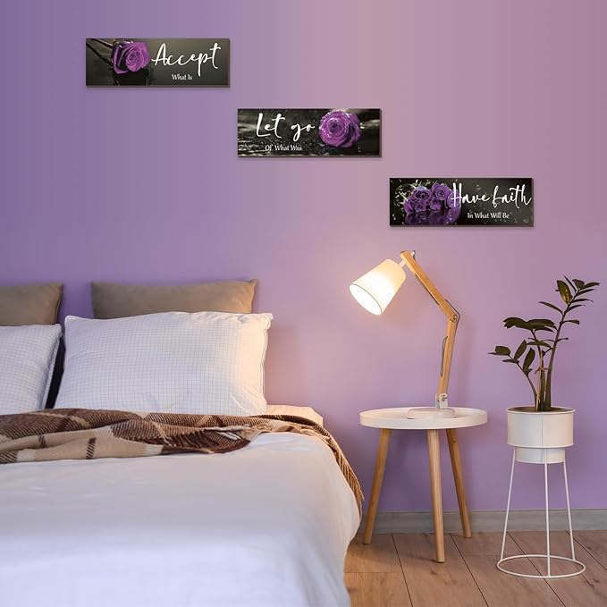 ZINYAZHE 3 Pcs Purple Wall Decor Inspirational Purple Bathroom Decor Wooden Rose Wall Art With Accept Let Go Have Faith Quotes For Girl Women Bathroom Bedroom Office(16 X 5Inch)