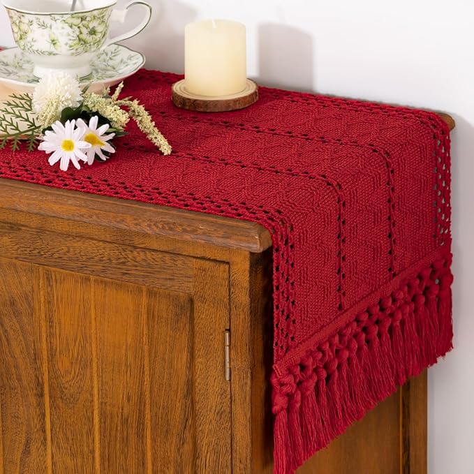 Socomi Boho Table Runner Macrame Easter Spring Farmhouse Woven Cotton Linen Rustic Coffee Table Runner with Tassels for Dresser Scarf Home Decor Dining Room 12x90 in Red