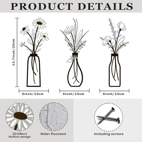 3 Pieces Metal Vase Flowers Wall Arts - Rustic Farmhouse Style Décor Metal Wall Art Black Minimalist Flower Natural Themed Wall Decors for Home Bedroom Dining Room Housewarming (Brown-Blue, Vase-C)