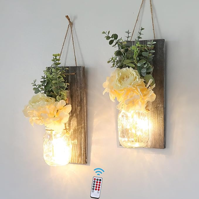 Besuerte Modern Farmhouse Wall Decor, Country Wall Decor for Bedroom, Living Room, Kitchen, Rustic Wall Art with Led Fairy Lights & Rose Flowers, Wall Art Set of 2, Large Grey