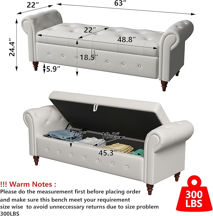 Aoowow Rolled Arm Storage Benches for Bedroom End of Bed Ottoman Bench 63" Long Bench with Storage and Seating for Living Room,Entryway,Window,Button Tufted with Solid Wood Legs (Linen Beige)
