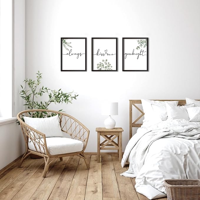 Always Kiss Me Goodnight Wall Art Framed Set of 3, Botanical Prints for Bedroom, Sage Green Eucalyptus Decor Above Bed, Love Theme Modern Couples Master Bedroom Wall Decorations 12x16 Inch