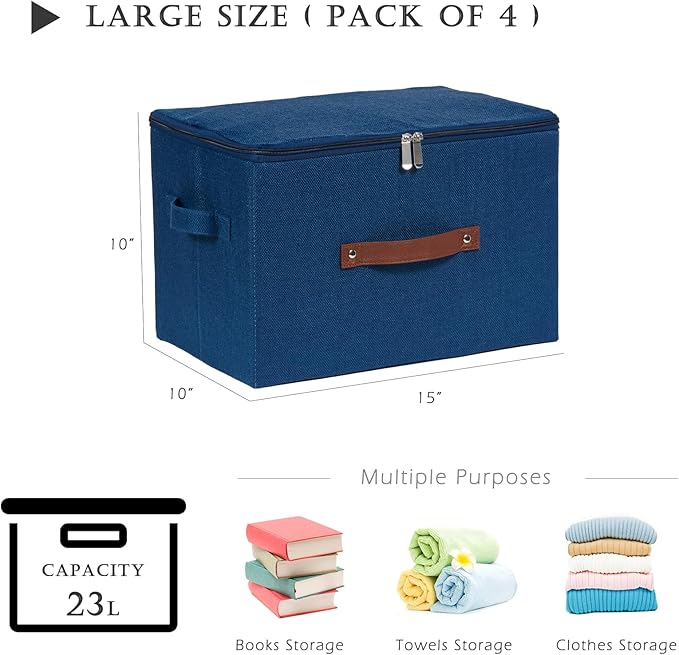 4 Pack Storage Bins with Zipper Lid Cotton Linen Fabric Lidded Storage Baskets Boxes Foldable Washable Closet Shelf Clothes Organizer Container with PU Leather Handles (Deep Blue, Large)