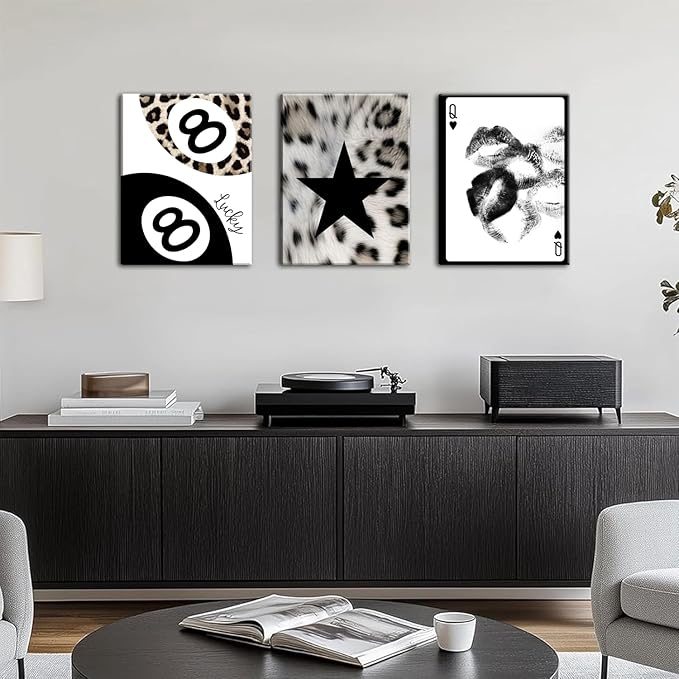Trendy Leopard Wall Art Set of 3, Black and White Cheetah Wall Decor Paintings, Lips Star Lucky 8 Ball Poster Canvas Prints for Bedroom Living Room 12x16 inch Framed