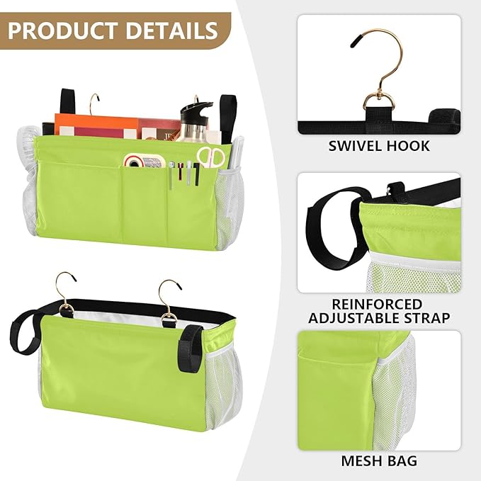 DOMIKING Neon Yellow Bedside Caddy for Dorm Bed Recliner Armrest Organizer with Hooks Haning Holders for Magazine Phone Tablet