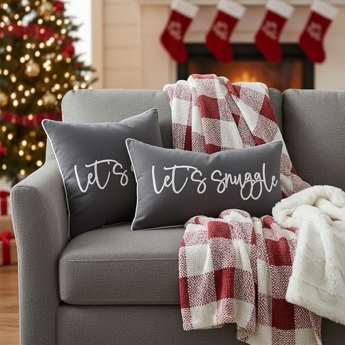 Sunkifover Let's Snuggle Decorative Lumbar Pillow Cover - 12x20 Inch Dark Grey Cotton Embroidery Throw Pillowcase for Bed, Bedroom, Living Room, Home Decor
