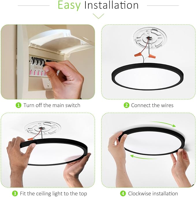 4 Pack LED Flush Mount Ceiling Light, 24W Ultra Thin Round White Lamp 3000K/4000K/6500K 3 Color Temperatures Adjusted 12 Inch Modern Ceiling Lights, Black, Wired