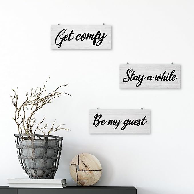 Maitys 3 Pcs Guest Room Decor, Get Comfy Wall Sign Stay a While Bedroom Wall Sign Rustic Wood Word Guestroom Art Decor for Home, Living Room